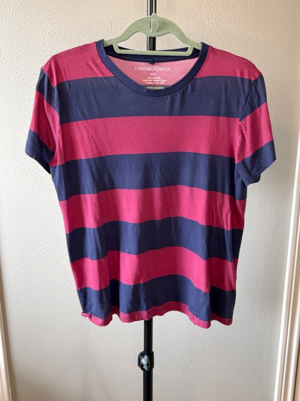 Cynthia Rowley Red Navy Striped Tee Shirt Short Sleeve Cotton Top M/L - Picture 2 of 4